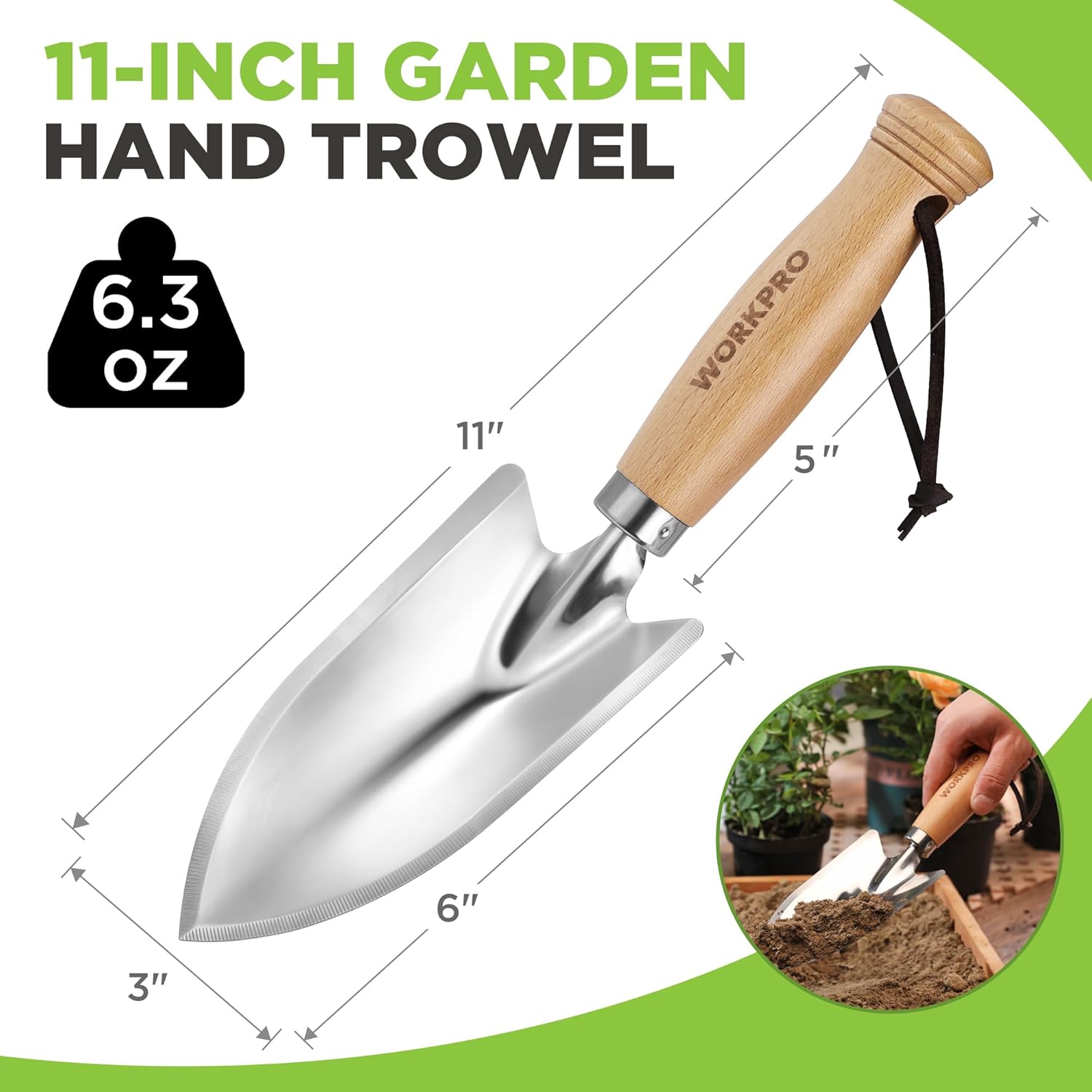 Garden hand trowel with polished stainless steel blade and light wood handle, 11-inch tool