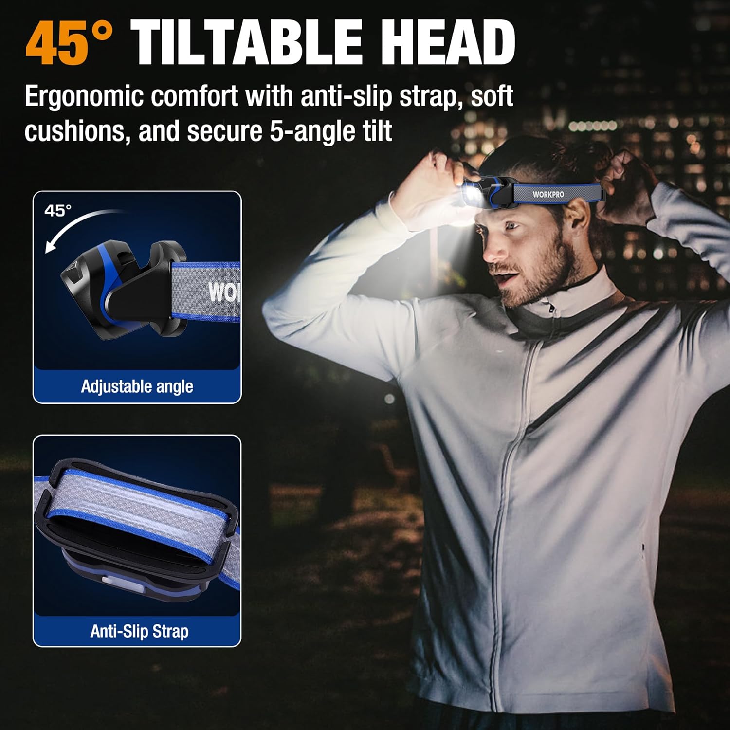 Adjustable tilt headlamp worn by a person, blue strap with bright white LED.