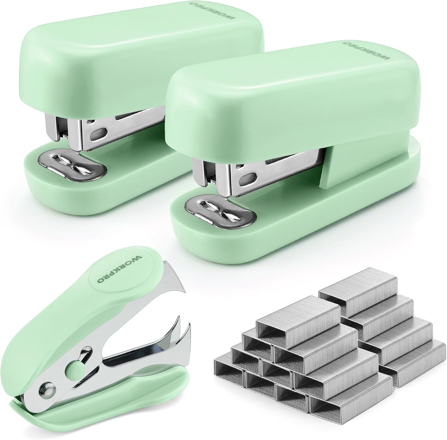 Green mini stapler set with two staplers, staple remover tool, and loose staples