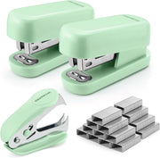 Green mini stapler set with two staplers, staple remover tool, and loose staples
