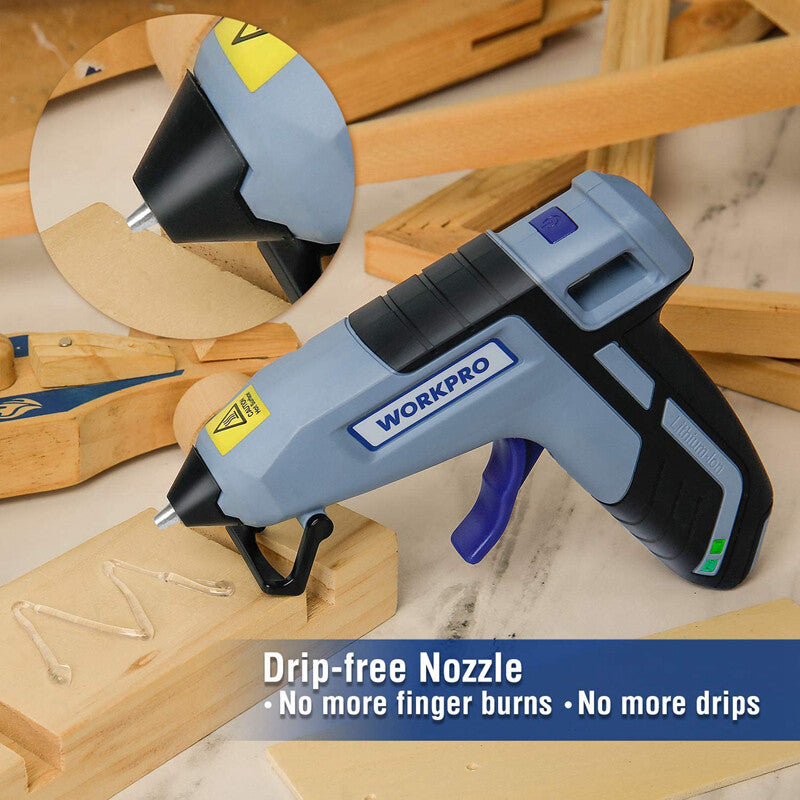 WORKPRO cordless hot glue gun in light gray with innovation, quality, and durable secure heating for crafts