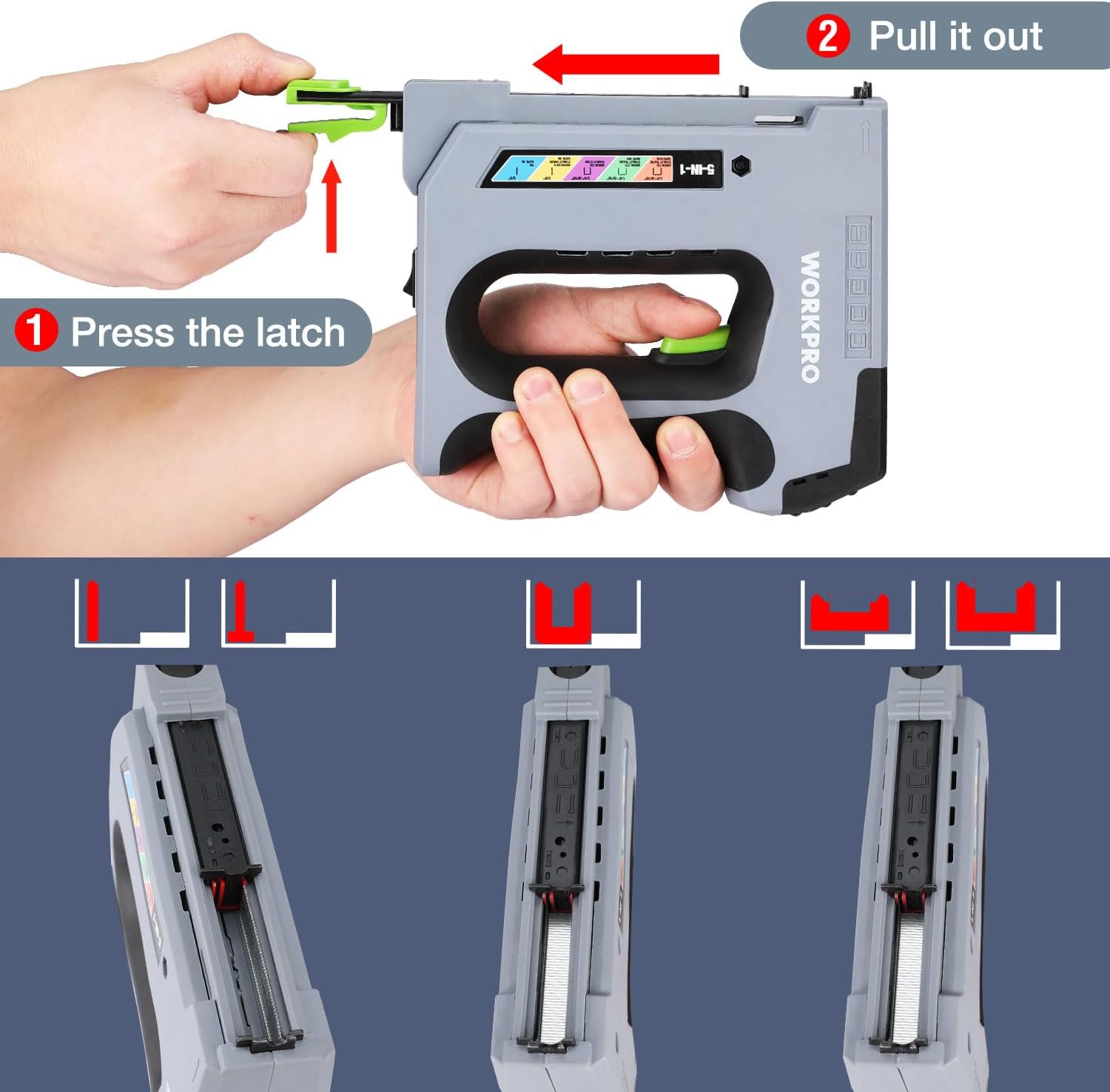 Cordless staple gun with latch and magazine loading, step-by-step open view