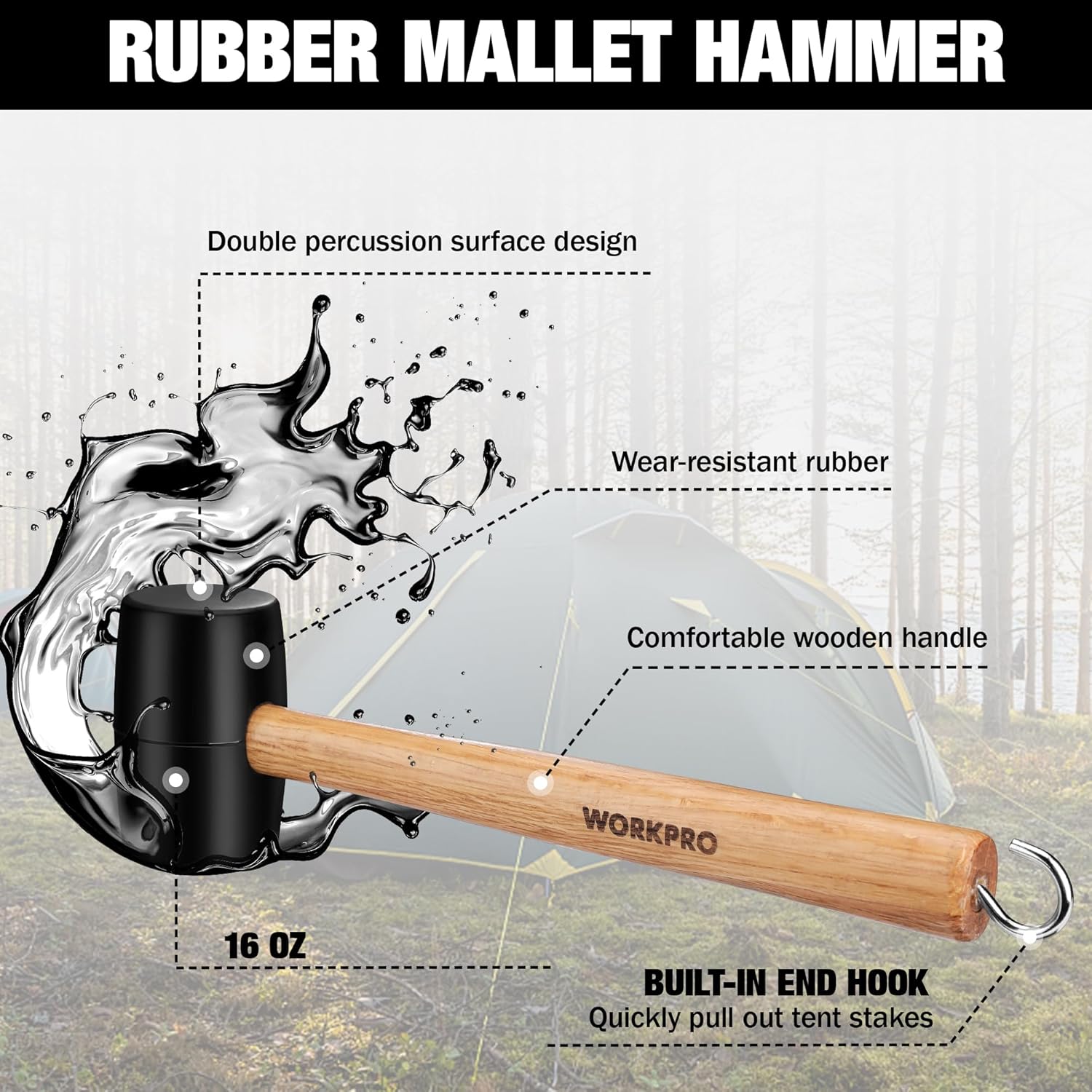 16 oz rubber mallet hammer with black rubber head and comfortable wooden handle
