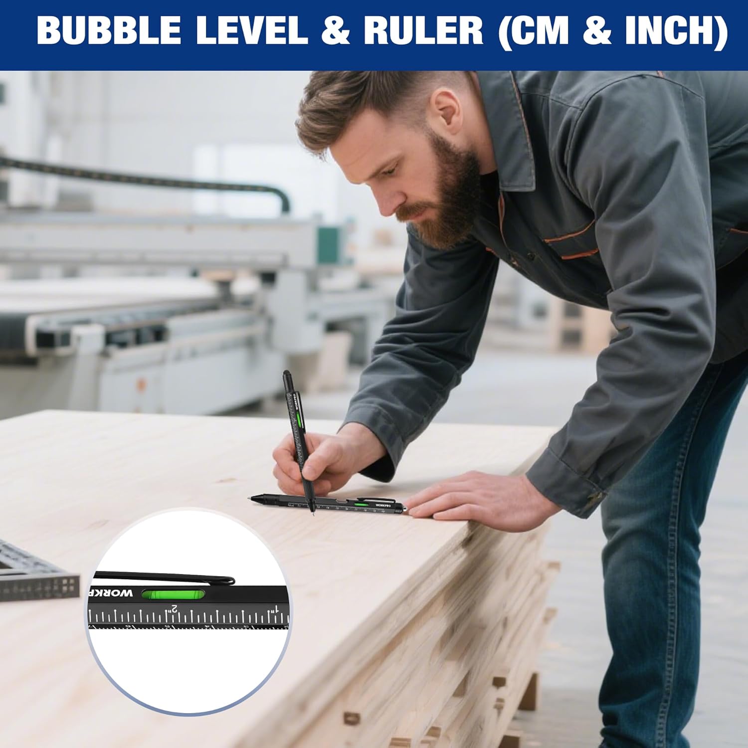 Black multi-tool pen with bubble level and ruler for marking measurements on wood