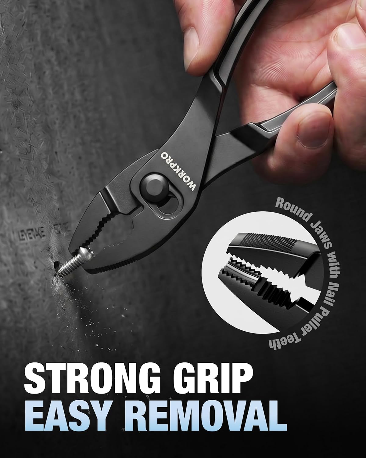 WORKPRO slip joint pliers close-up, round jaw serrations and strong grip handle