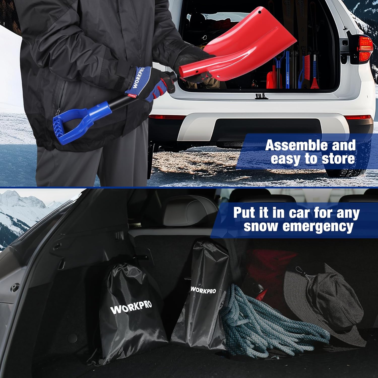 Snow removal kit stored in a car trunk with red shovel and blue brush tools.