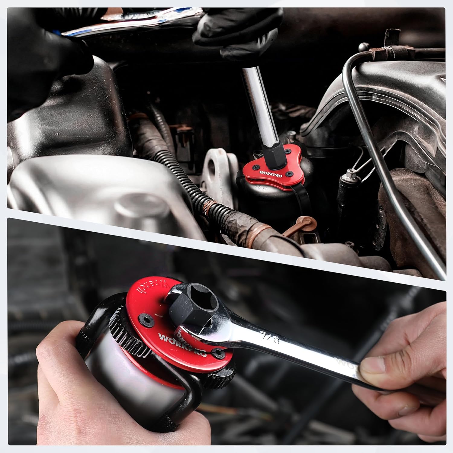 WORKPRO oil filter wrench in engine bay, red head with black clamp arms