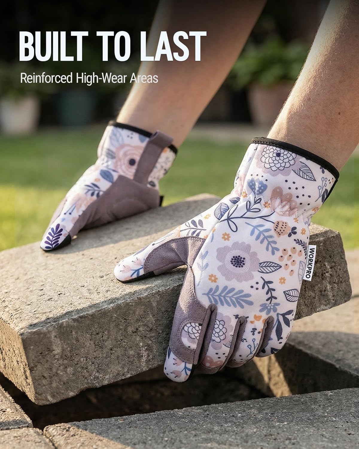 Reinforced high-wear floral gardening gloves with durable purple toe area