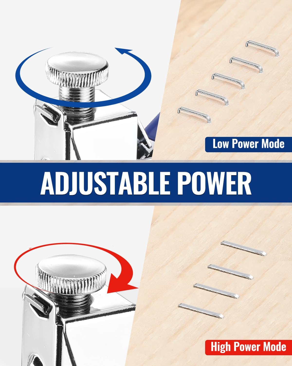 Adjustable power manual staple gun with selectable low and high power modes