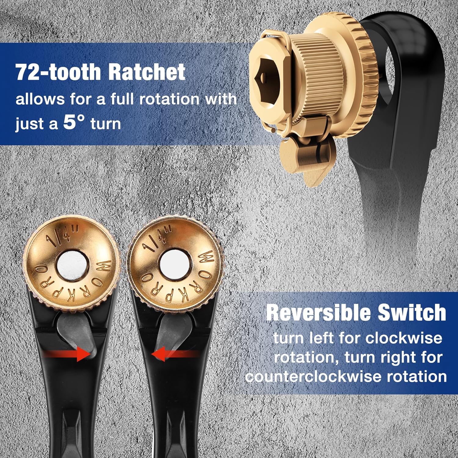 72-tooth mini ratchet wrench with gold head and reversible switch