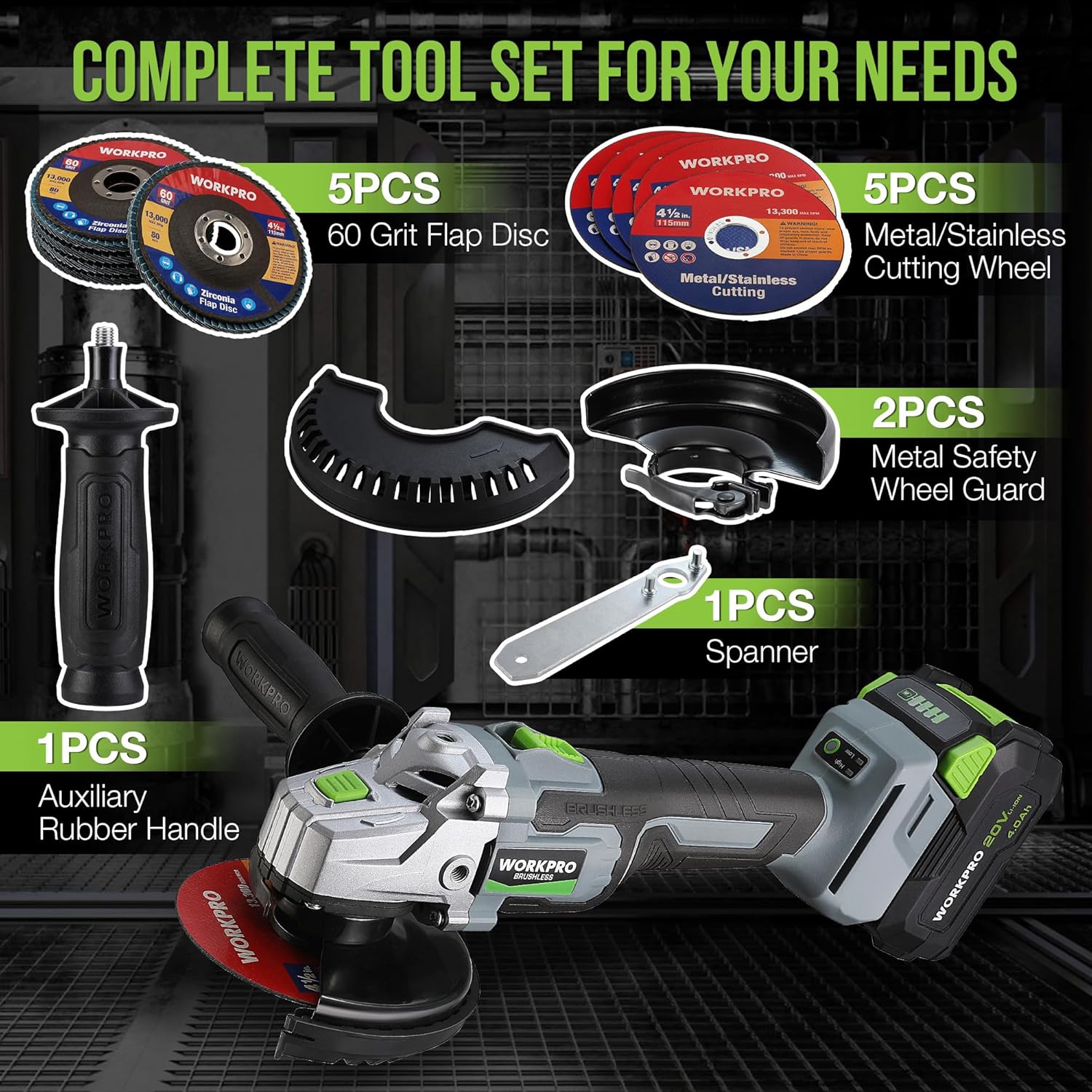 WORKPRO cordless angle grinder kit with wheel discs, wheel guard, and battery tool