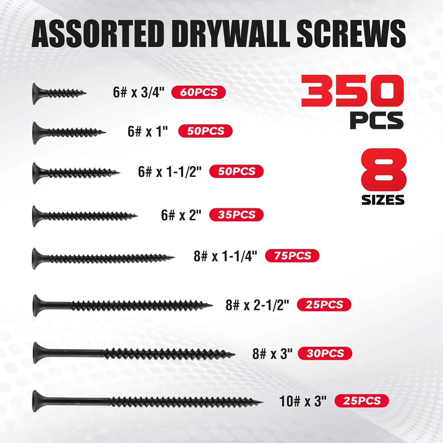 Assorted drywall screws set with multiple sizes, 350 pieces