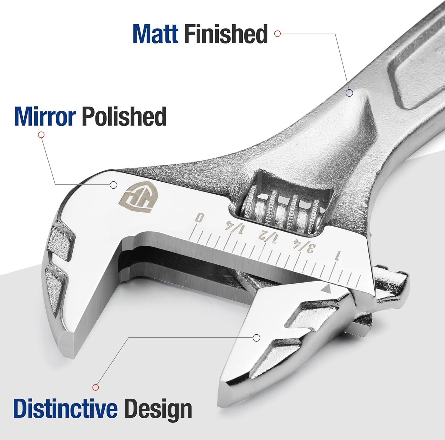Adjustable wrench with mirror-polished jaw and knurled adjustment screw, silver finish.