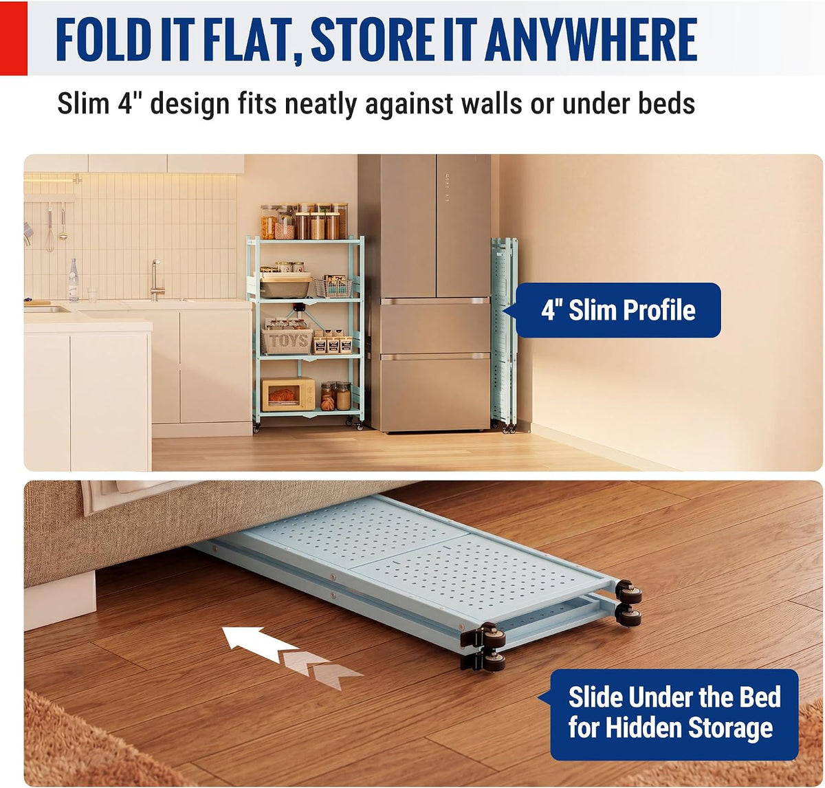 Blue slim folding metal rack sliding under a bed on caster wheels