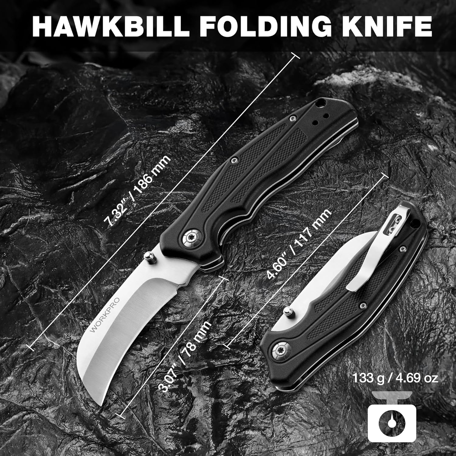 WORKPRO hawkbill folding utility knife with lanyard hole and belt clip, dark handle.