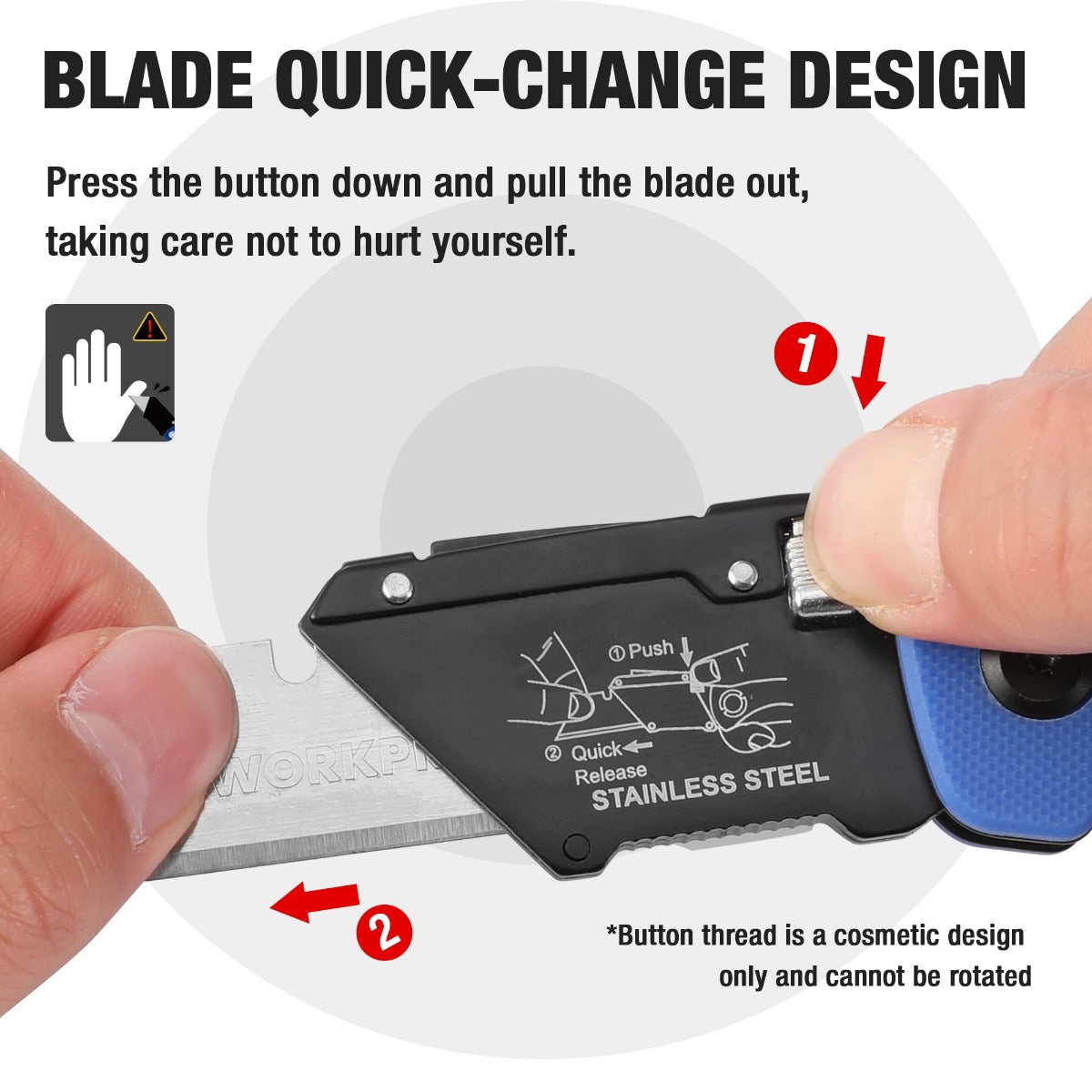 Blue G10 folding utility knife close-up with push-to-release mechanism