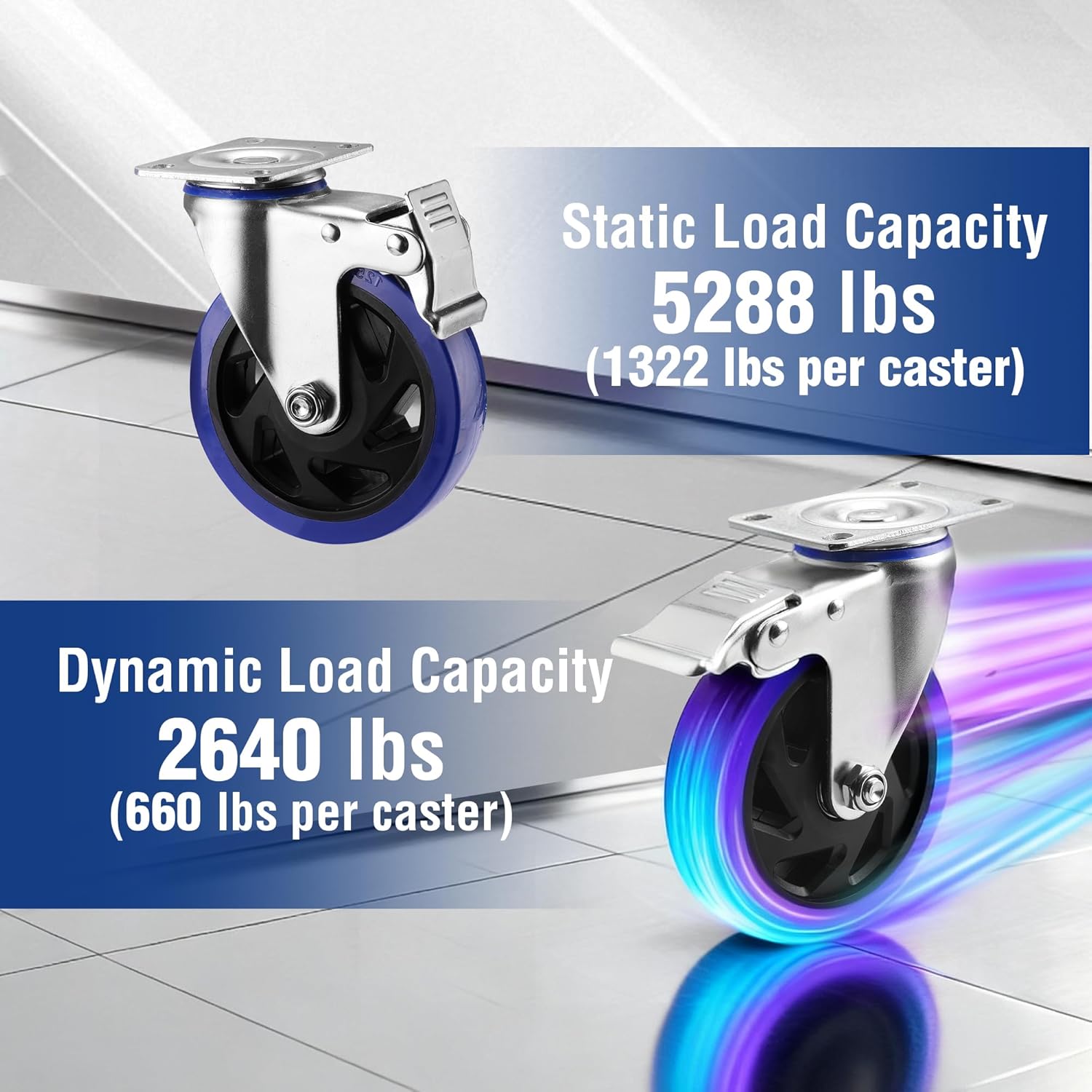 Swivel caster wheel with brake, blue PU tread, steel frame and black wheel hub