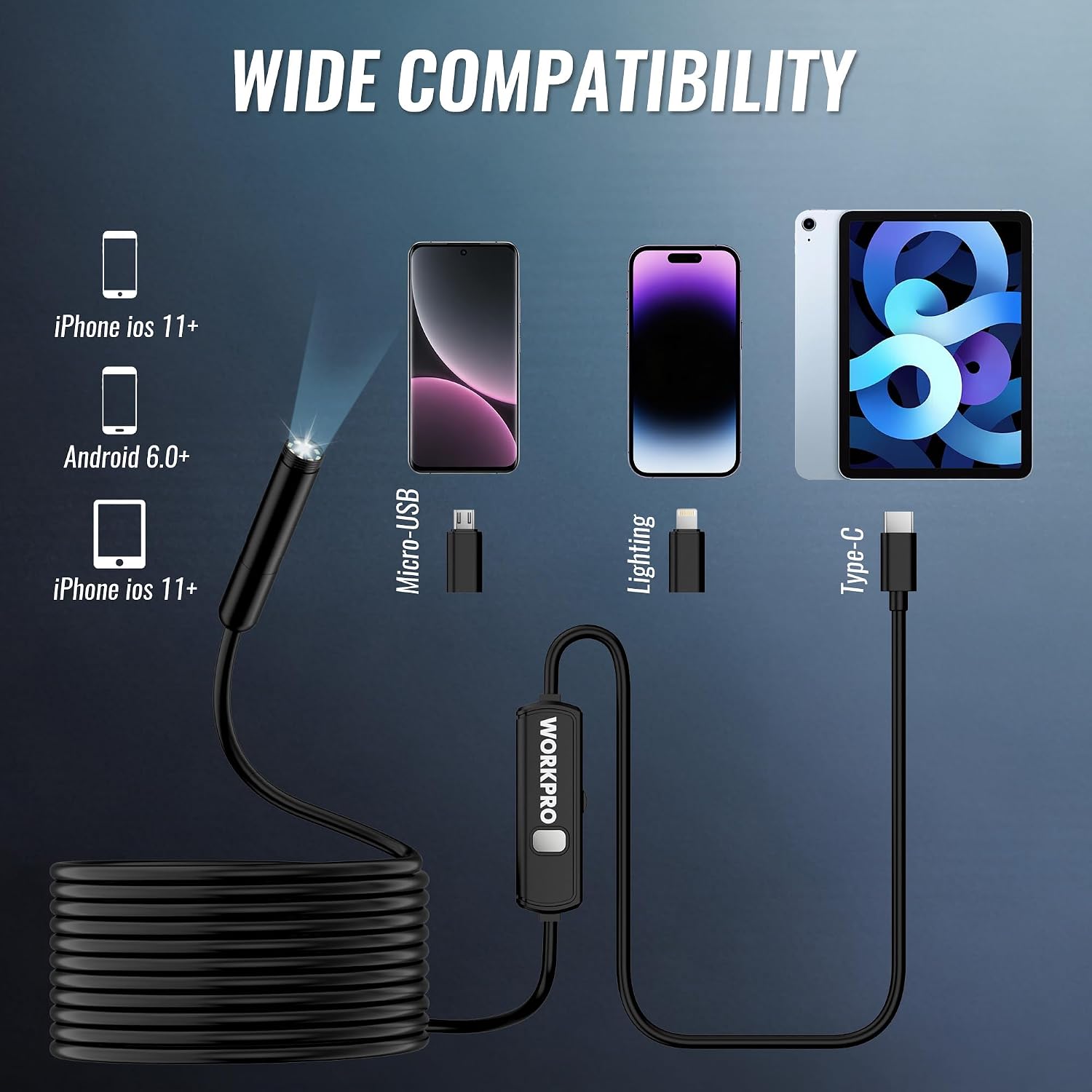 Endoscope connection cable with USB Type-C and Lightning iOS adapters