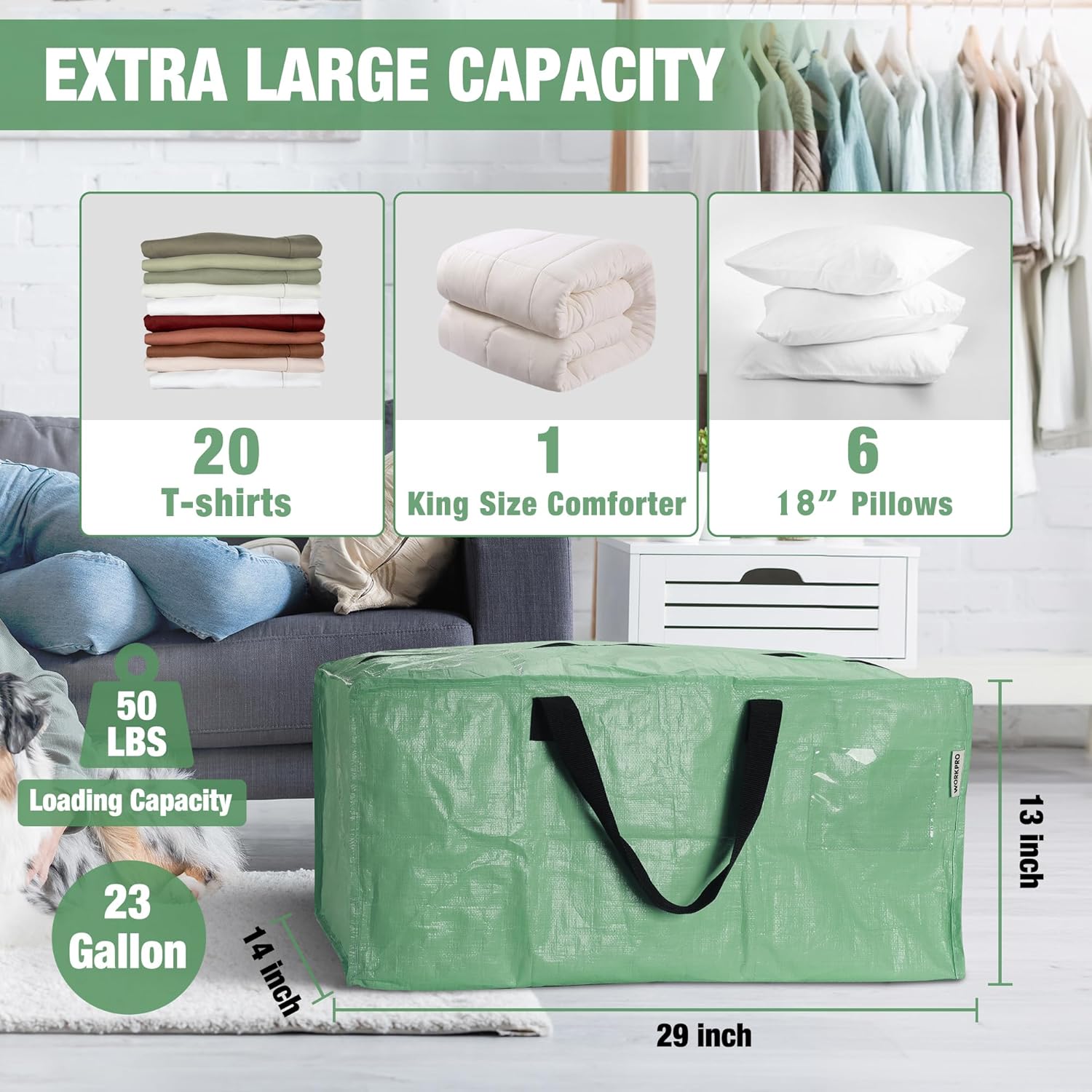 Green extra-large moving tote bag with zipper, double handles, heavy-duty fabric