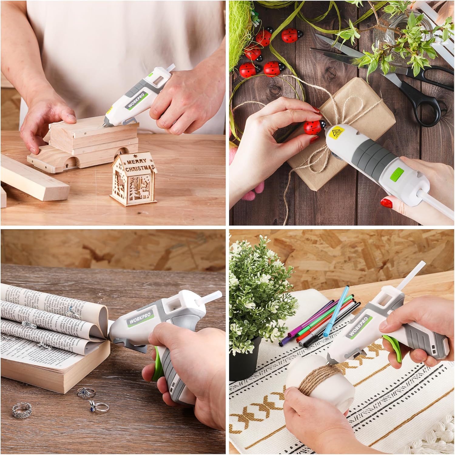 Cordless hot glue gun applying glue to wood craft and paper items in a photo collage.