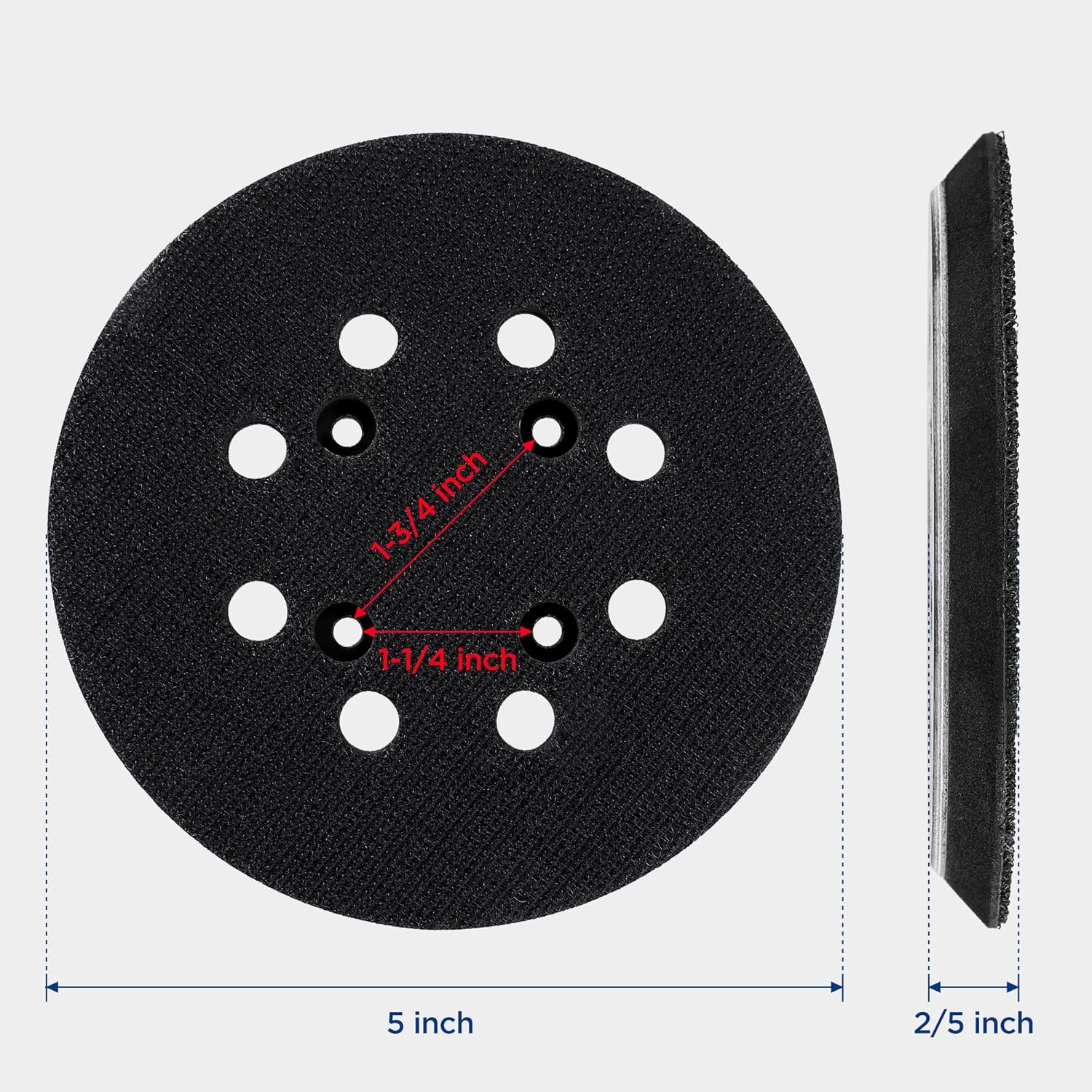 Black 5-inch sanding backing pad with evenly spaced dust holes and center opening