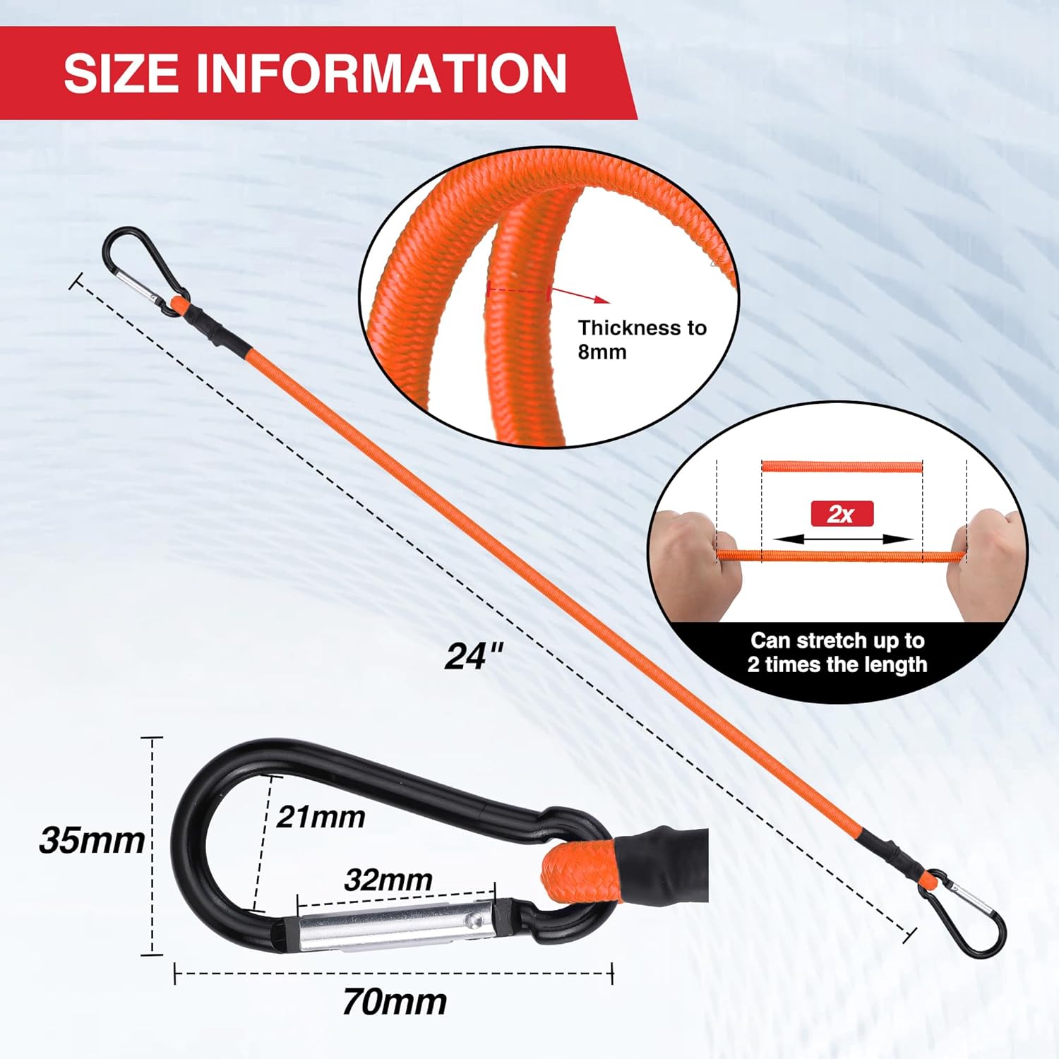 Orange bungee cord with black end grips and metal hooks, 24-inch length.