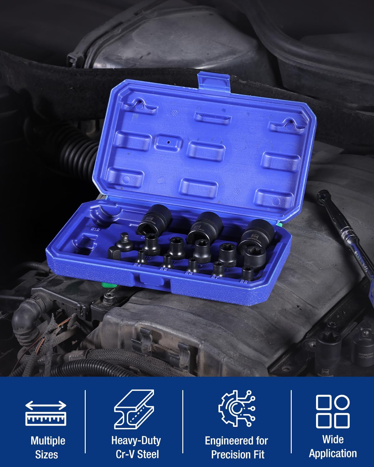 E-Torx socket set stored in blue plastic case, assorted black sockets included