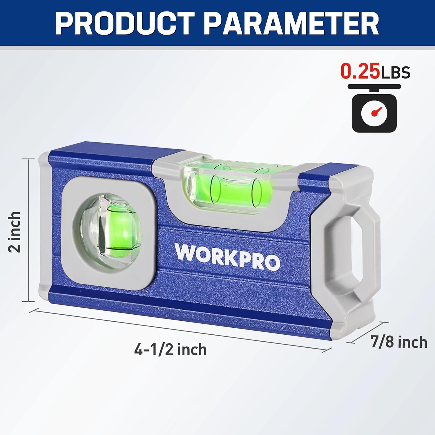 Cobalt blue mini magnetic pocket level with two green vials and white end grips.