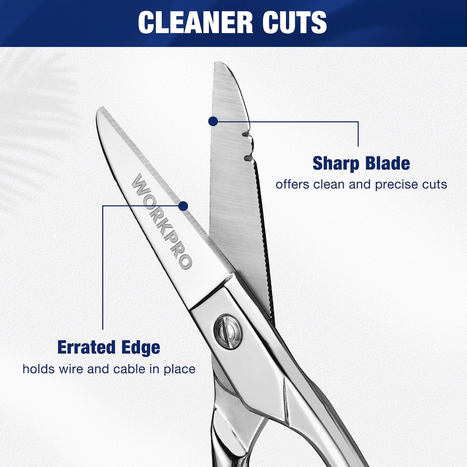 WORKPRO electrician scissors with serrated cutting edges and long steel blades.