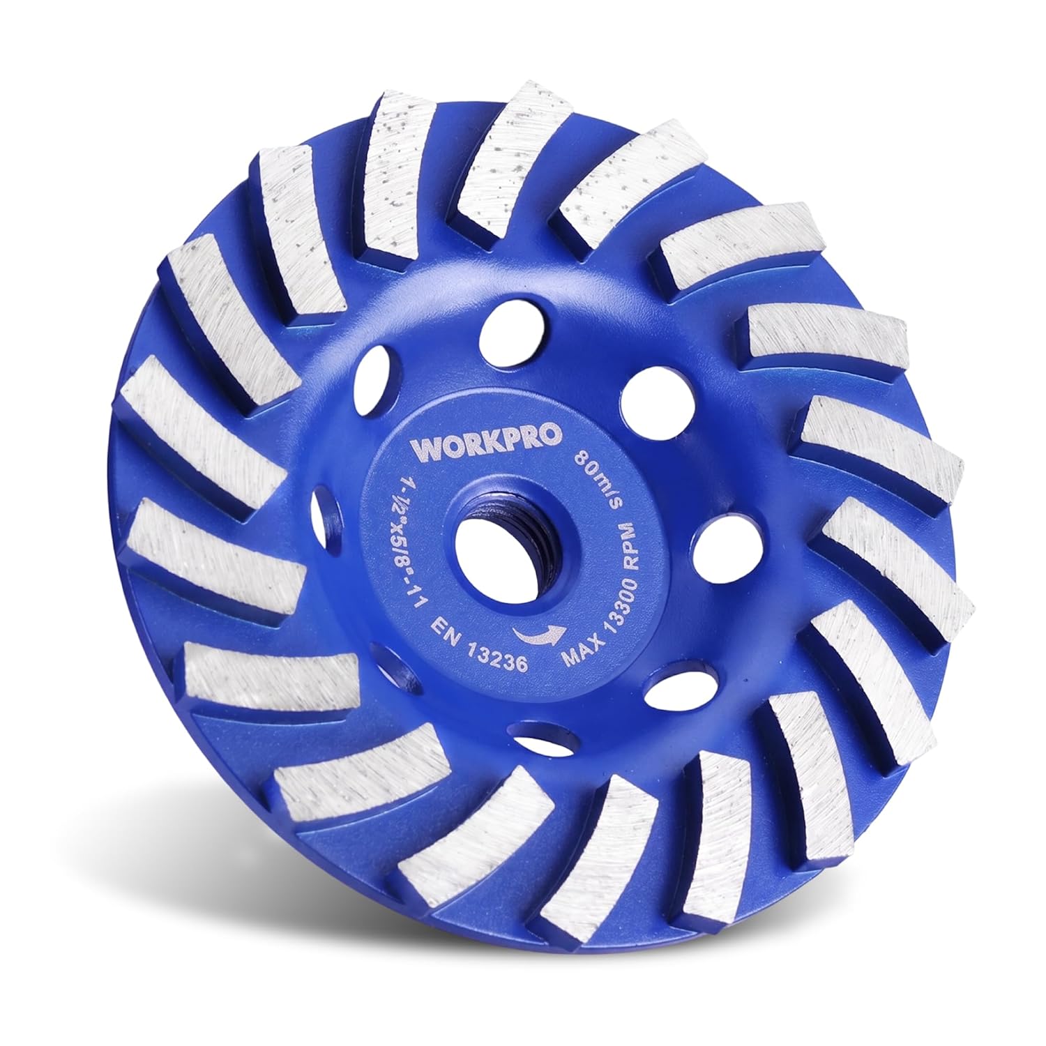 Blue WORKPRO diamond cup grinding wheel with segmented rim and 5/8-11 arbor holes