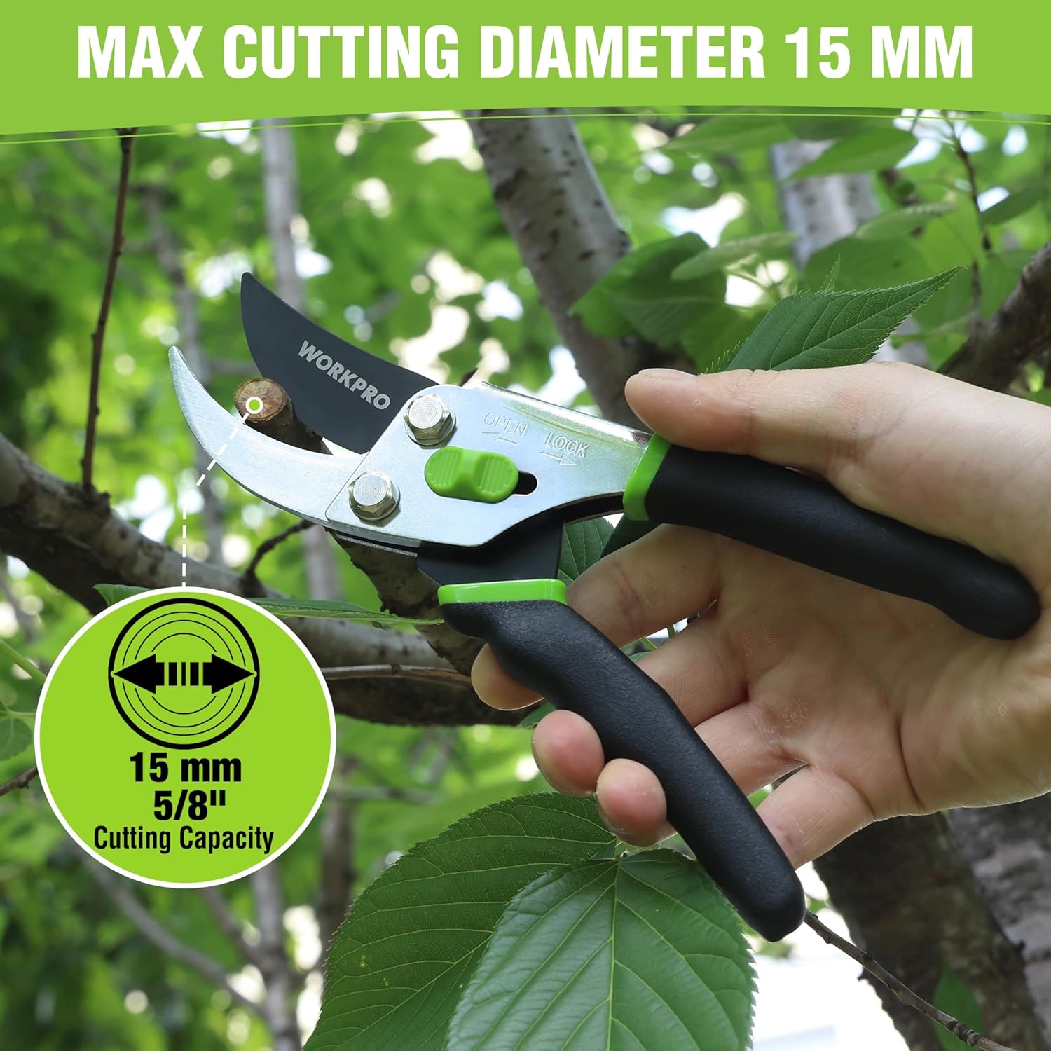 Bypass pruning shears with high-carbon steel blades, cutting a branch up to 15mm