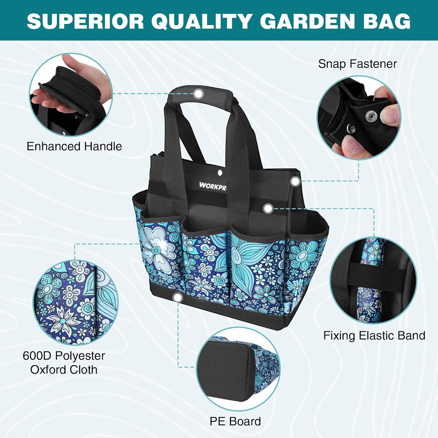 Floral blue garden tool tote bag with snap closure and reinforced carry handles