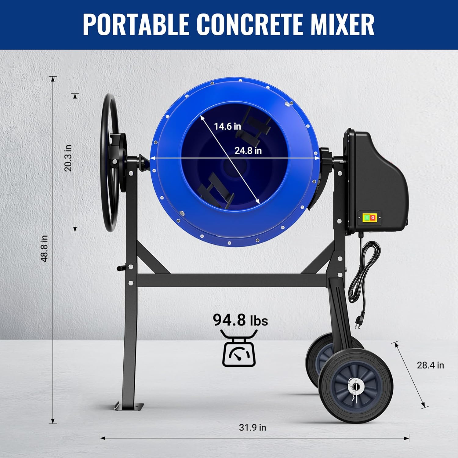 Blue drum portable concrete mixer with black frame, side motor housing, and wheels