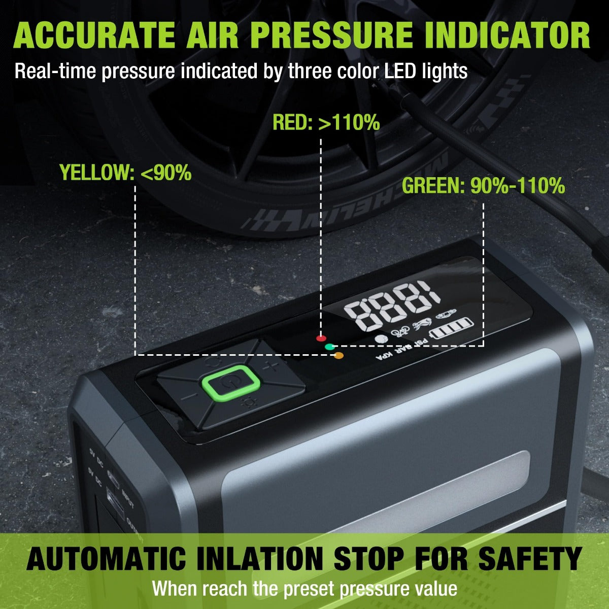 Portable tire inflator air compressor top view with digital display and LED indicator