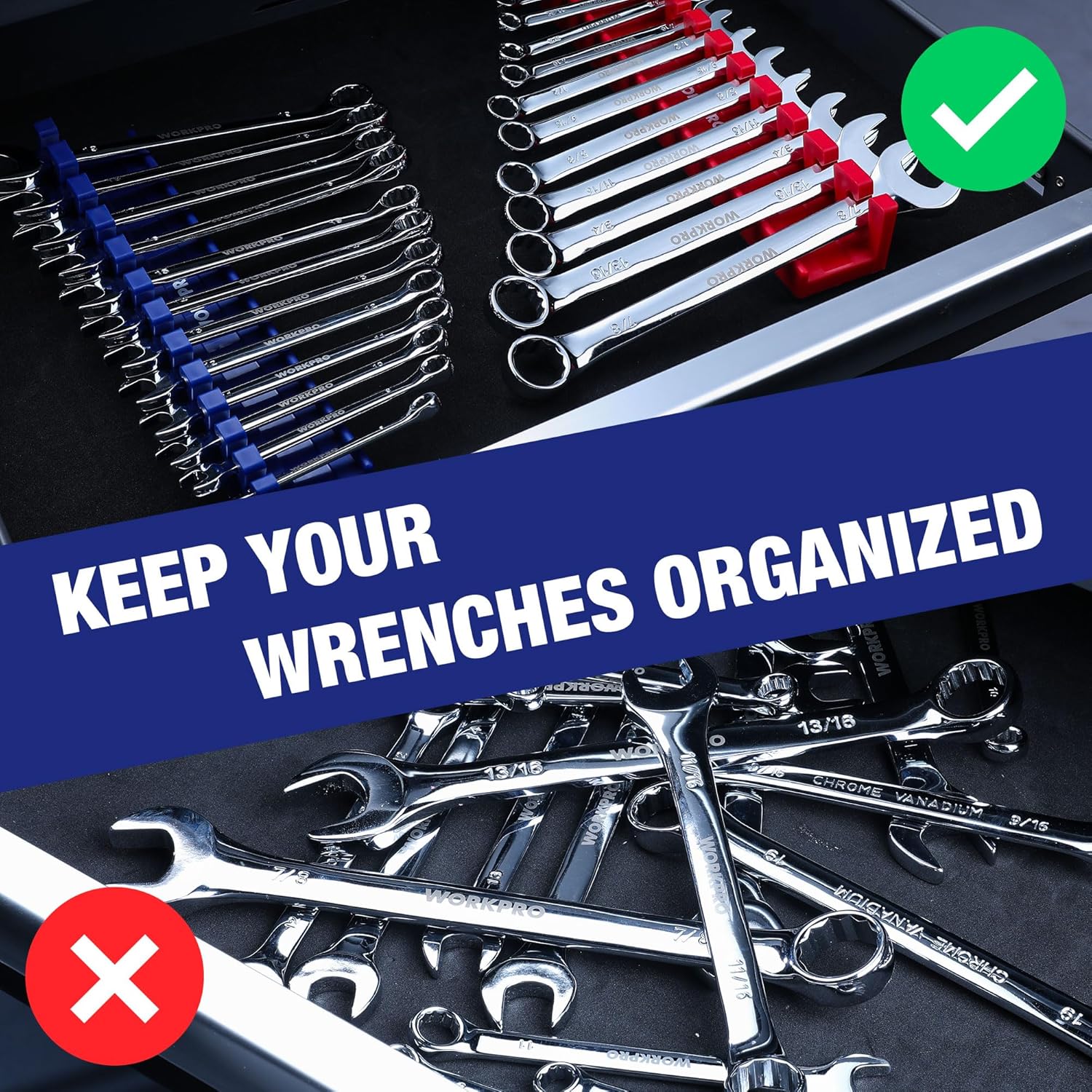 Magnetic wrench holder with blue rack slots and chrome wrenches arranged on a dark tray