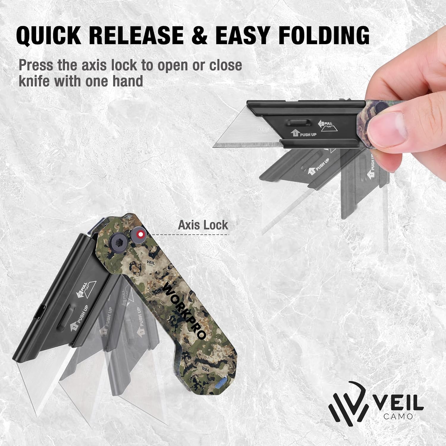 Camo folding utility knife with axis lock, shown opened by one hand