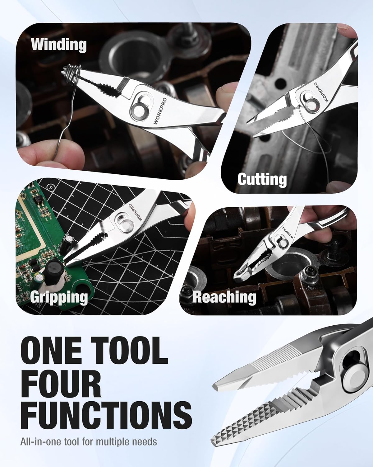 WORKPRO long nose slip joint pliers with serrated jaw profile for gripping and cutting