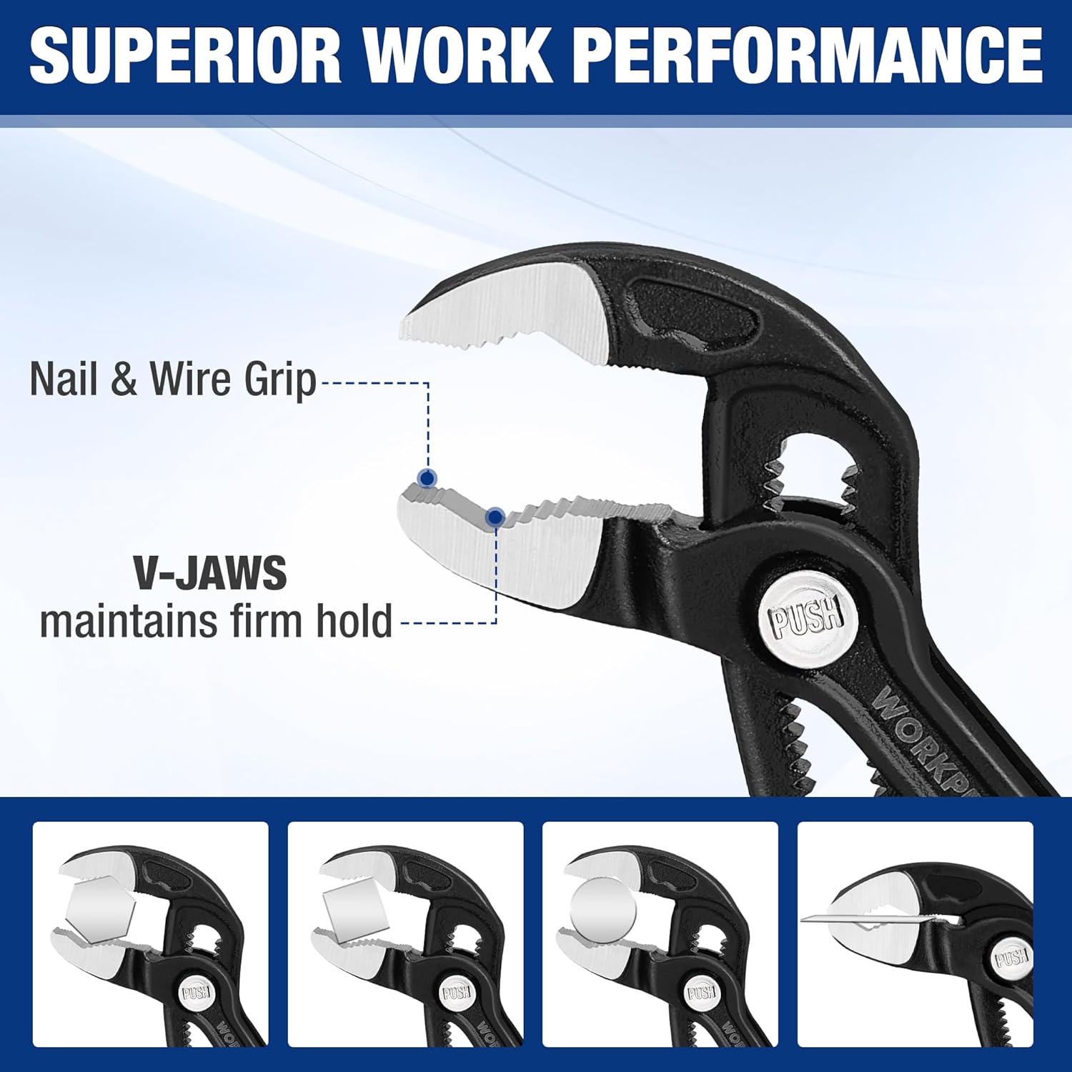 Adjustable pliers with V-jaws and nail & wire grip, black jaw and blue handle