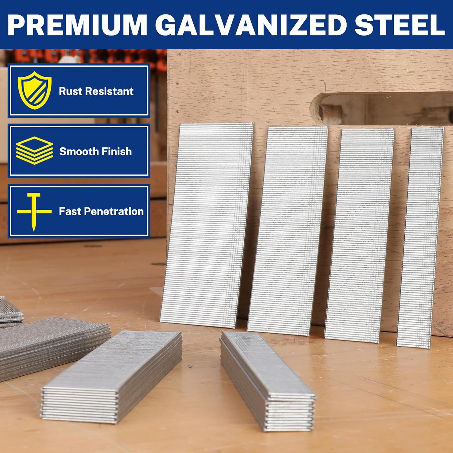 18-gauge galvanized steel brad nails with smooth finish, in a stack arrangement