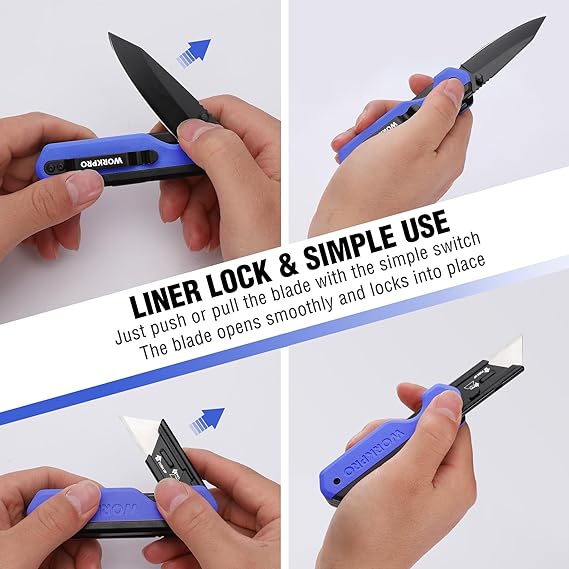WORKPRO 2-in-1 folding knife with blue handle, liner lock operation shown by hands.