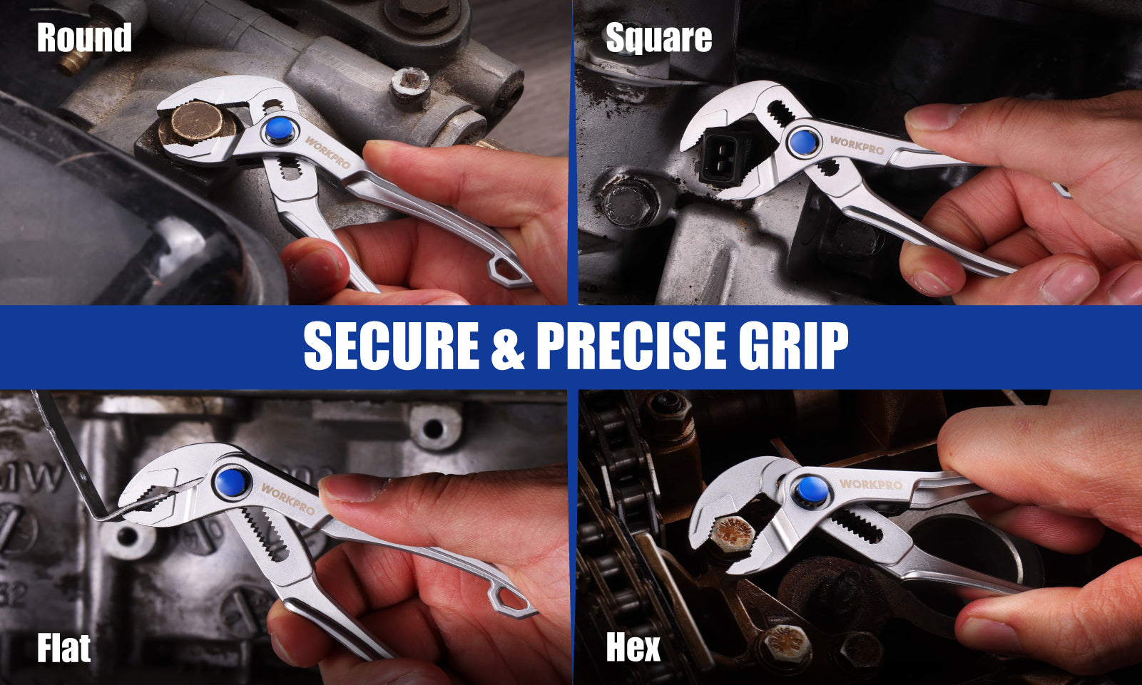 Multi tool wrenches in hands on metal fittings, secure grip and innovation in quality tool design