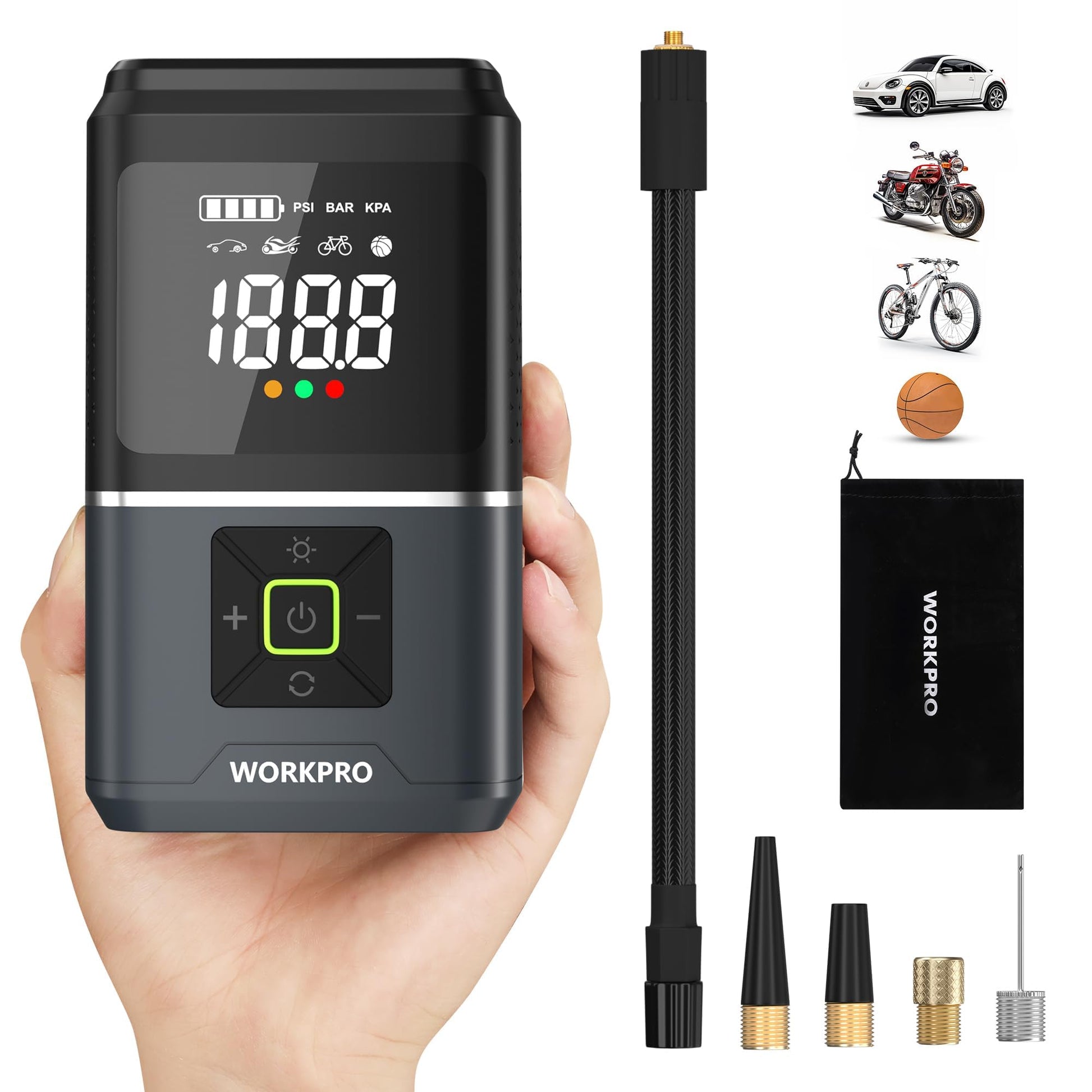 Handheld digital tire inflator with LCD screen, control buttons, and nozzle attachment tips