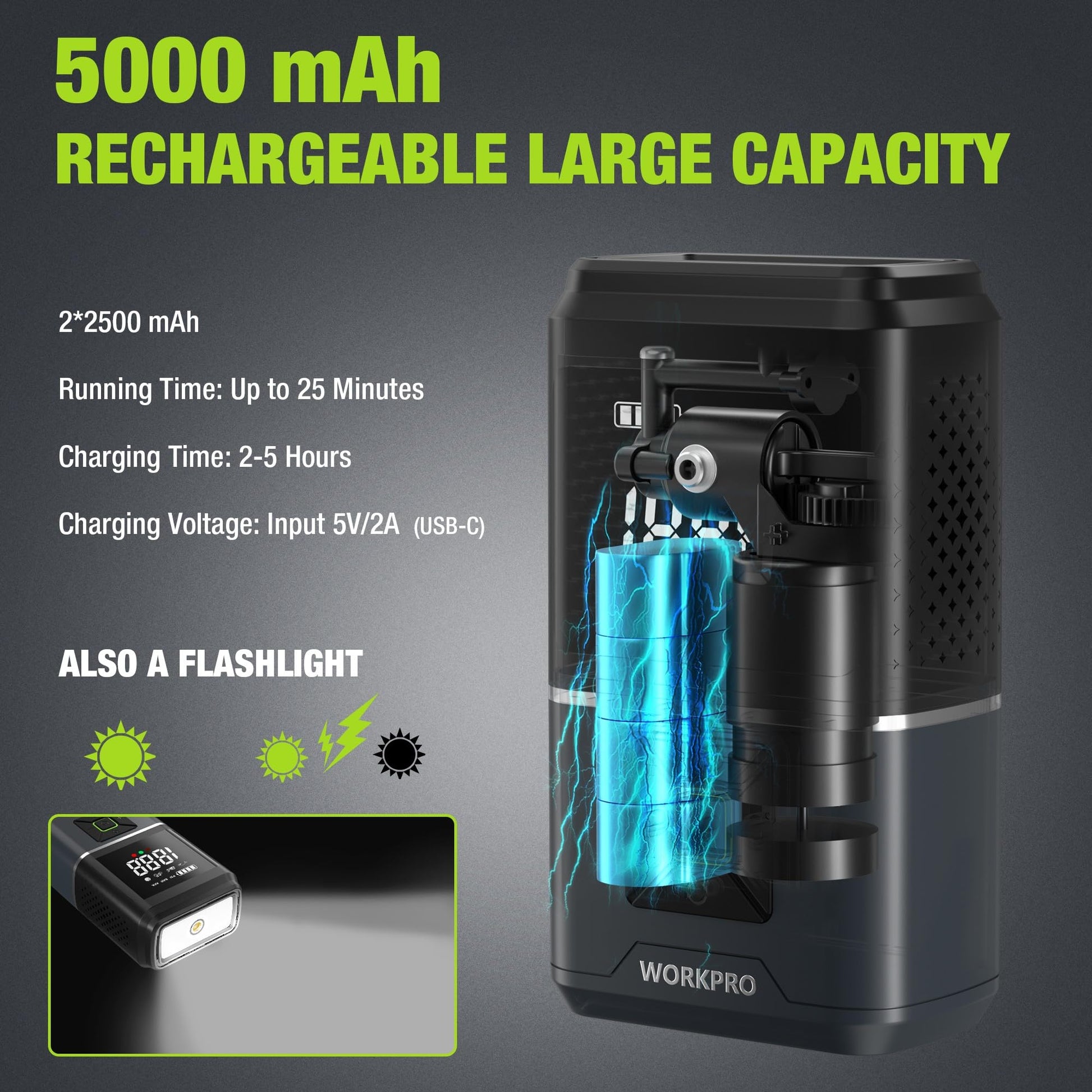Rechargeable portable air compressor with side charging port and built-in blue light chamber