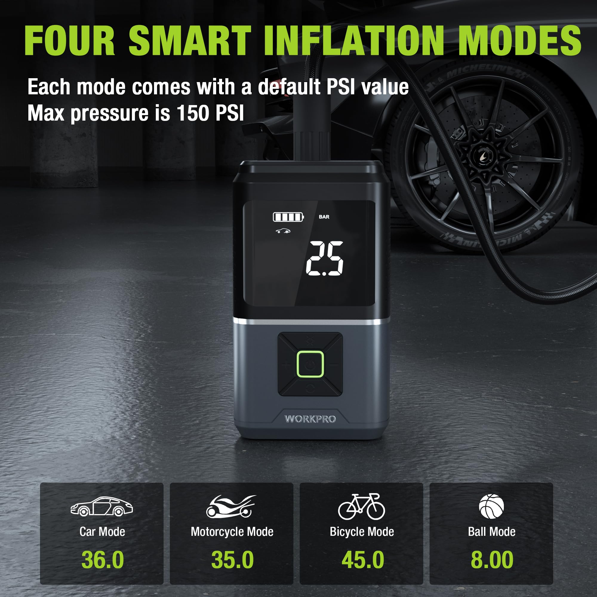 Compact tire inflator with digital pressure screen and green mode buttons