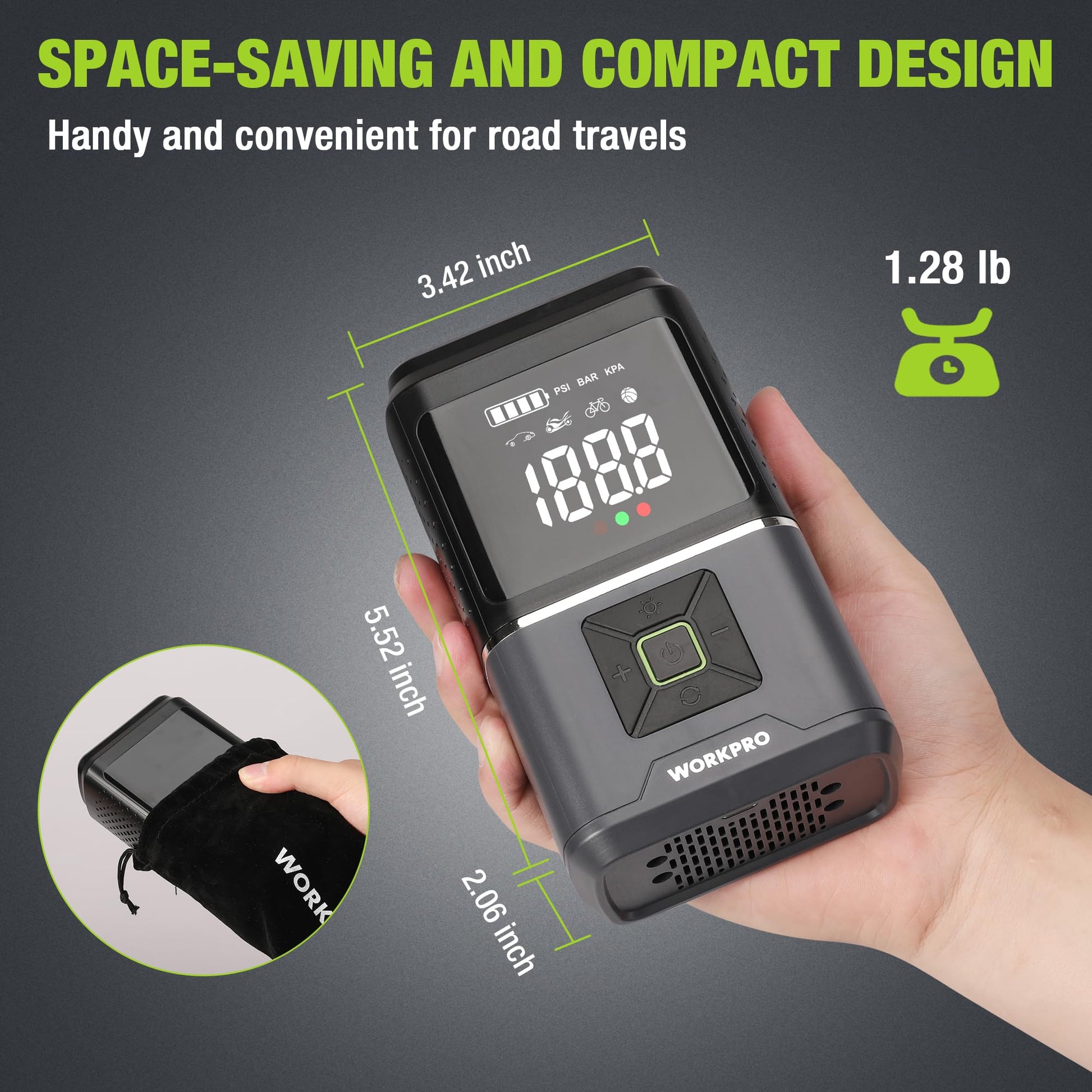 Compact portable tire inflator held in hand with digital LCD screen and green power switch