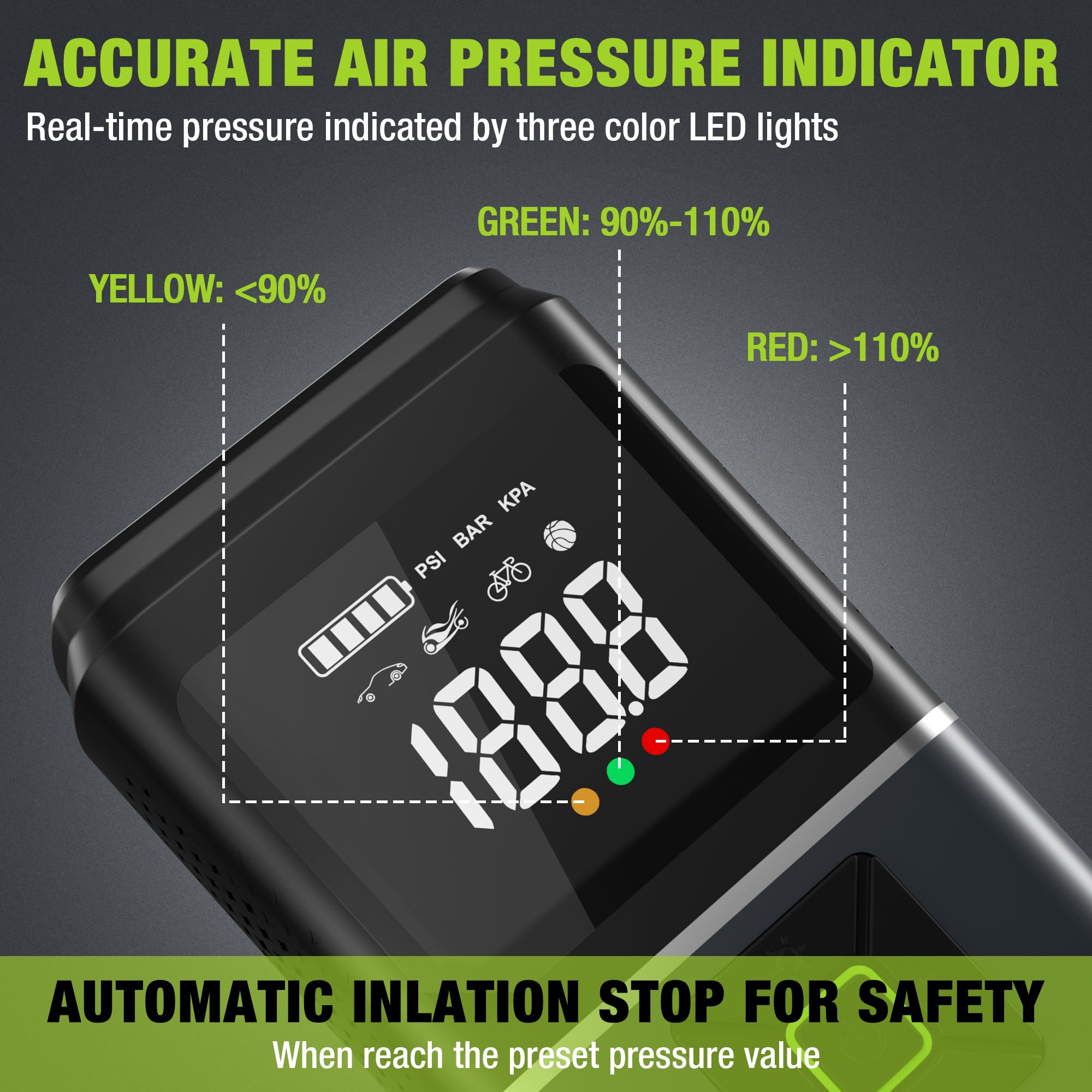 Portable tire inflator with LCD pressure readout and tri-color LED status indicator