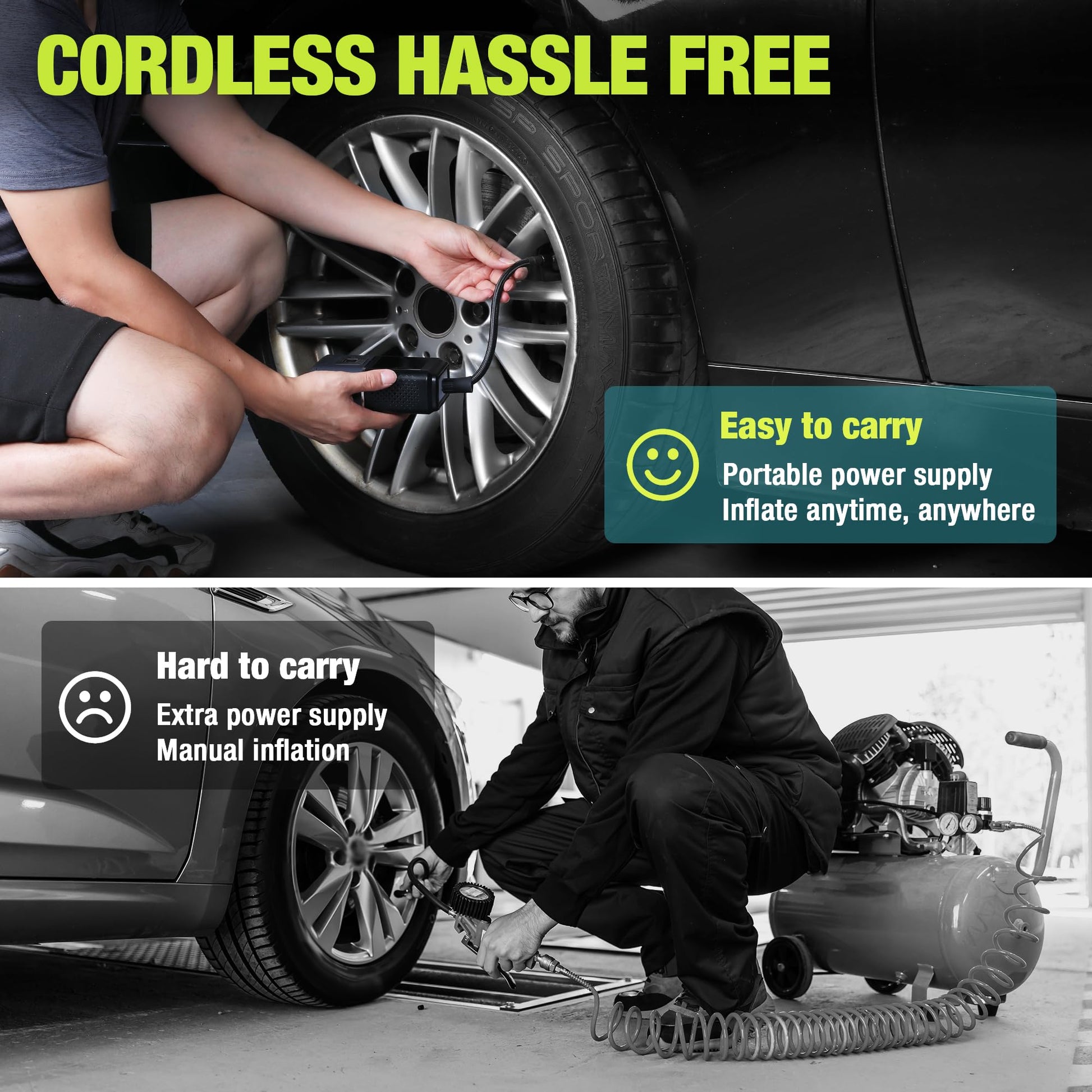 Portable tire inflator air compressor with hose and nozzle connected to a car tire