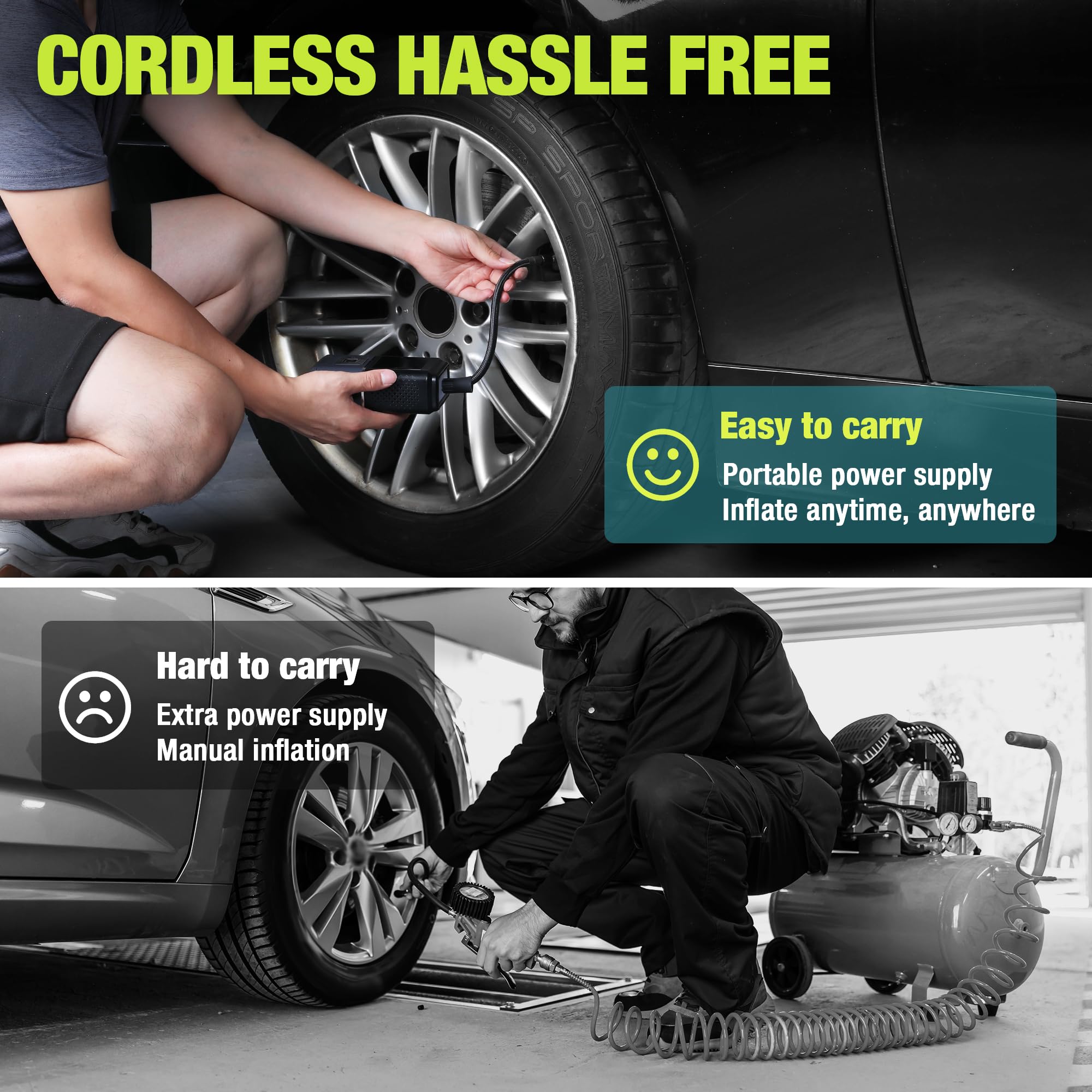 Portable tire inflator air compressor with hose and nozzle connected to a car tire