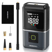 Portable tire inflator with digital PSI/BAR/KPA display and control buttons, black and silver