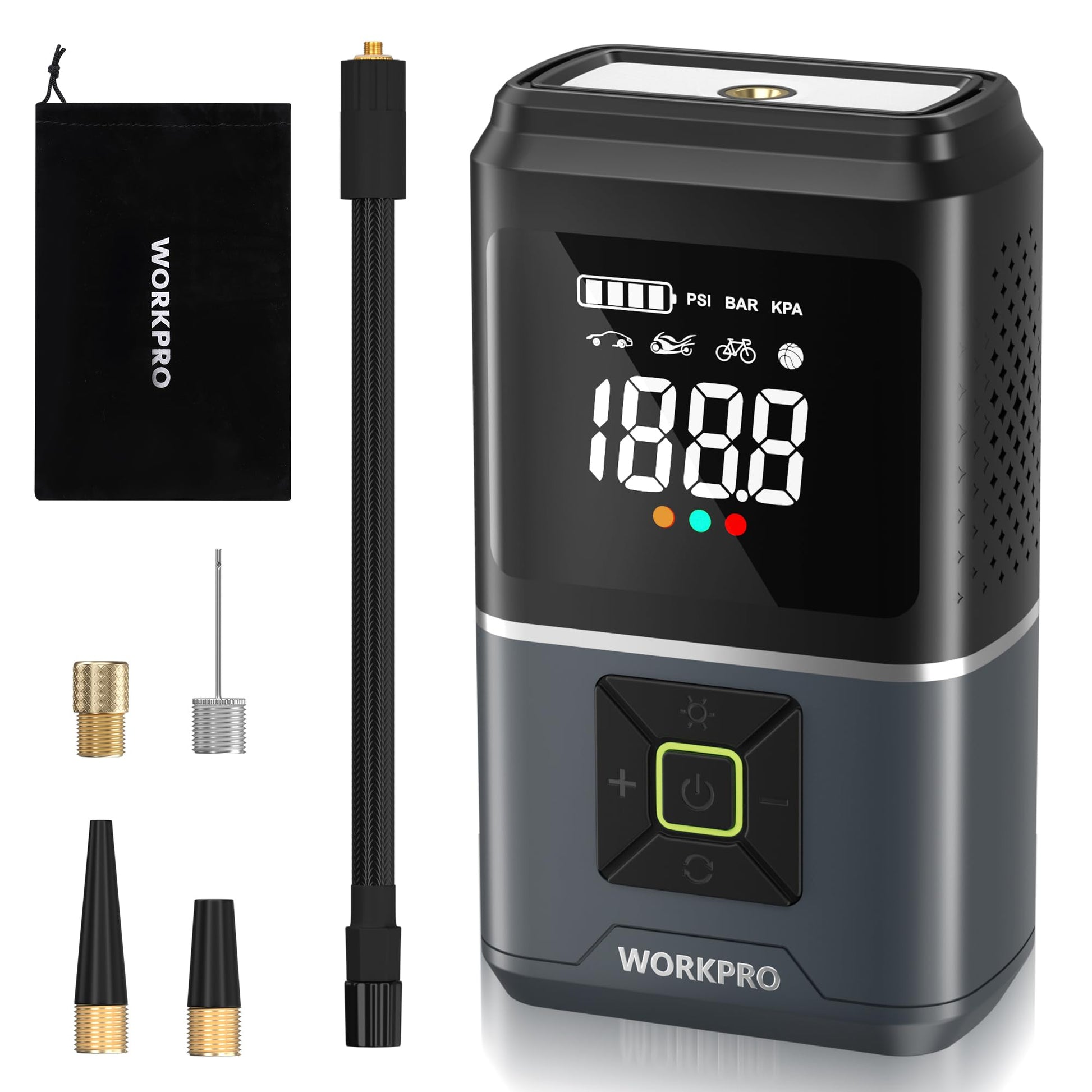 Portable tire inflator with digital PSI/BAR/KPA display and control buttons, black and silver